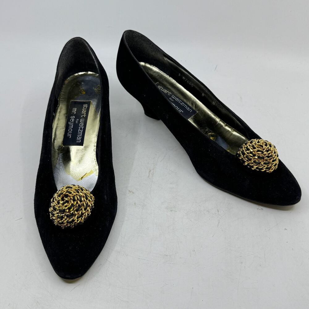 STUART WEITZMAN for Mr. Seymour Black Suede Kitten Heel with Gold Button